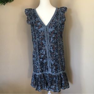 Lucky Brand Blue Embroidered Floral Tiered Midi Dress Medium Cottagecore